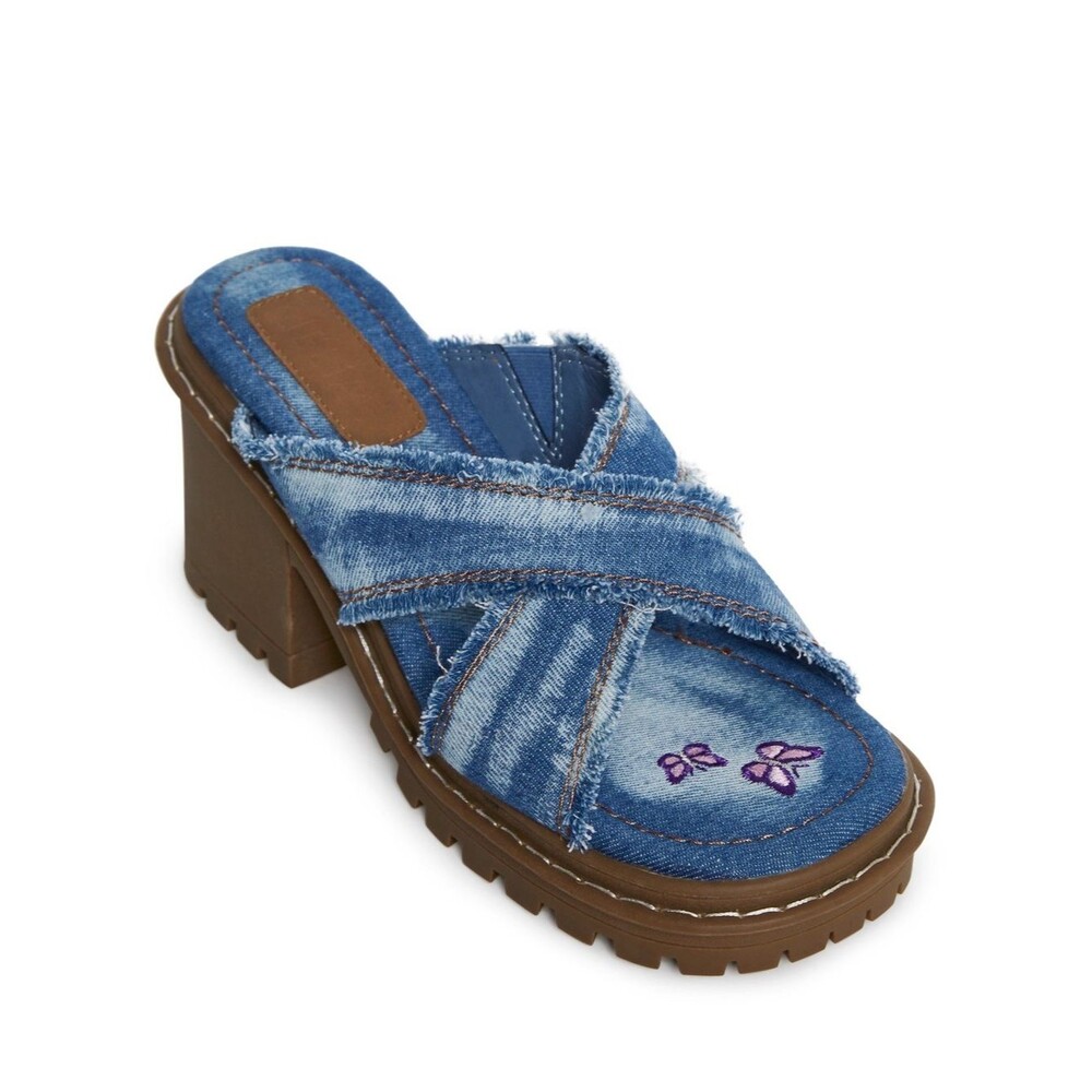 Delia's by Dolls Kill Star Worthy Cross Strap Slides 7 Denim Block Heel Sandals